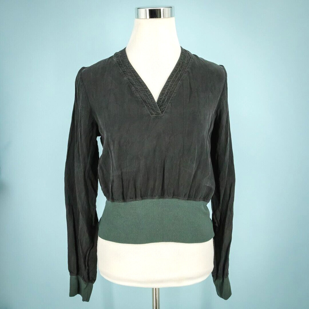 James Perse 2 Size Medium M Washed Black V Neck Long Sleeve Banded Hem Rayon Top